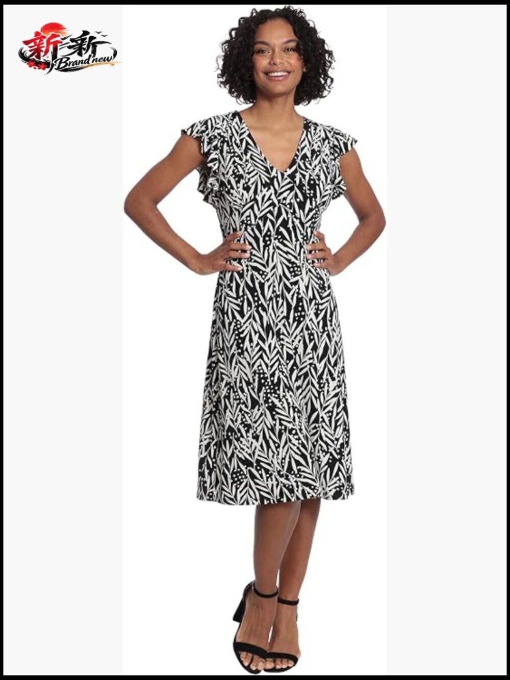 Leaf Print V-Neck Ruffle Sleeve Dress, Fit & Flare, Below Knee